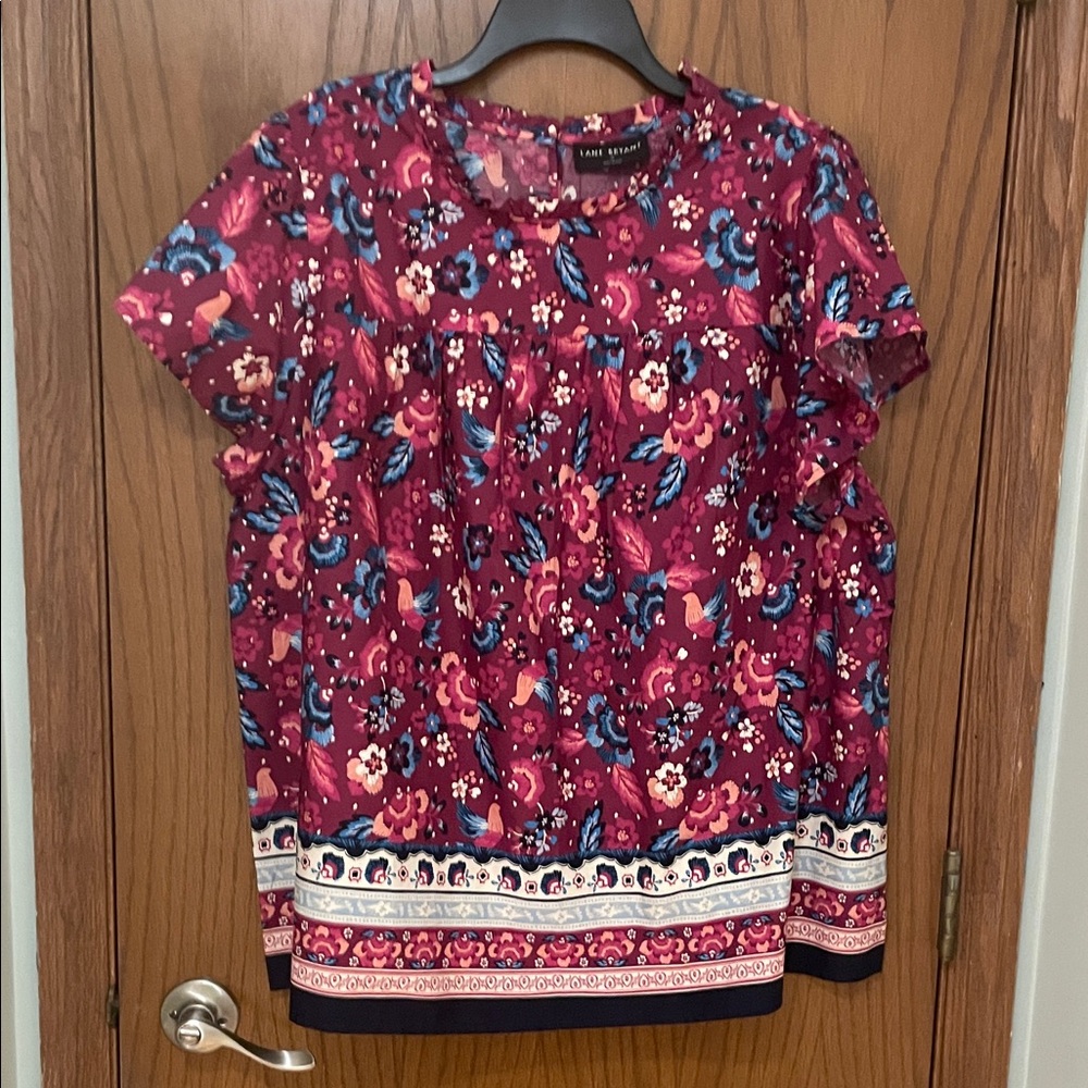 Lane Bryant NWT Sz 18 Burgundy Floral & Bird Print Short Sleeve Blouse Cotton - Picture 3 of 12
